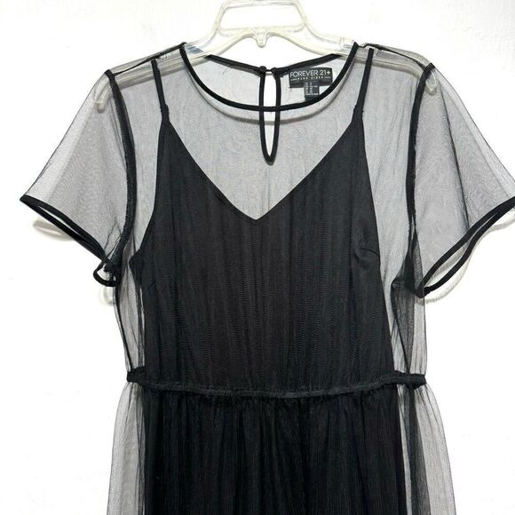 Forever 21 Midi Dress Embroidered Floral Sheer w/ Slip Black Short Sleeve sz 1X - Picture 3 of 8